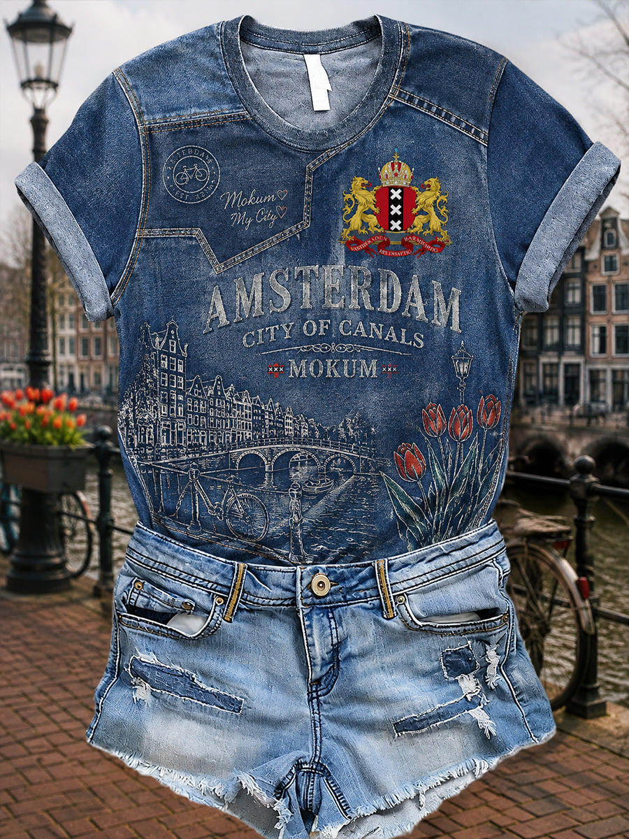 Dames-T-shirt met korte mouwen en grafische print van een stads souvenir