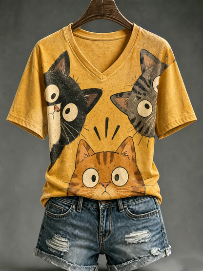 Dames T-shirt met schattige kattenprint en korte mouwen