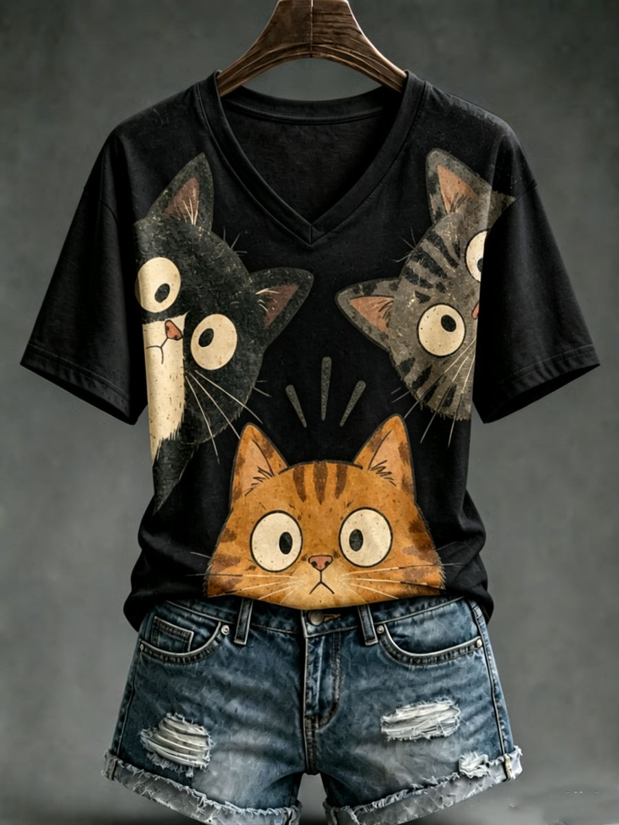 Dames T-shirt met schattige kattenprint en korte mouwen