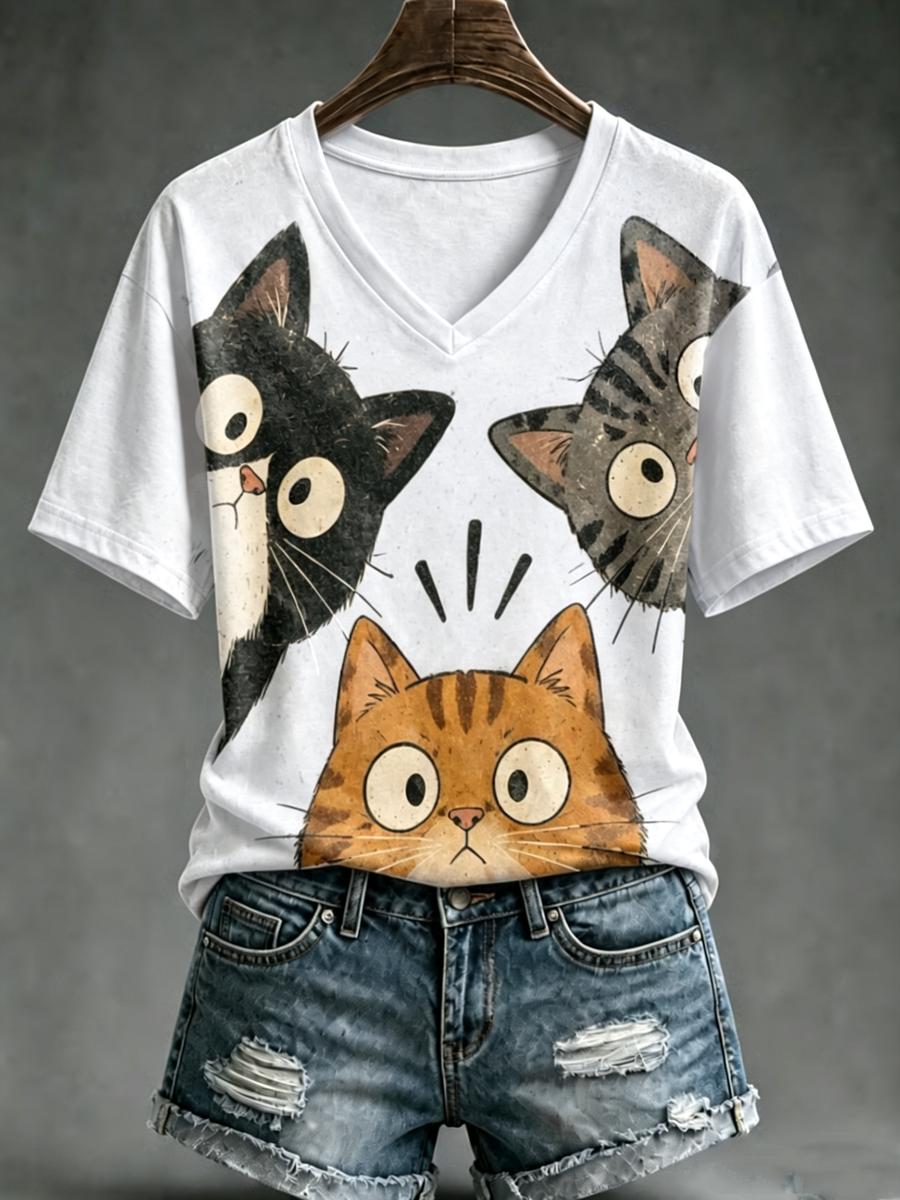 Dames T-shirt met schattige kattenprint en korte mouwen