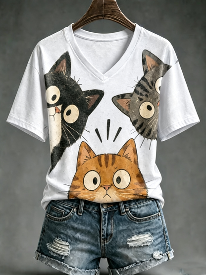 Dames T-shirt met schattige kattenprint en korte mouwen