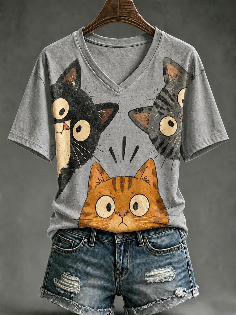 Dames T-shirt met schattige kattenprint en korte mouwen