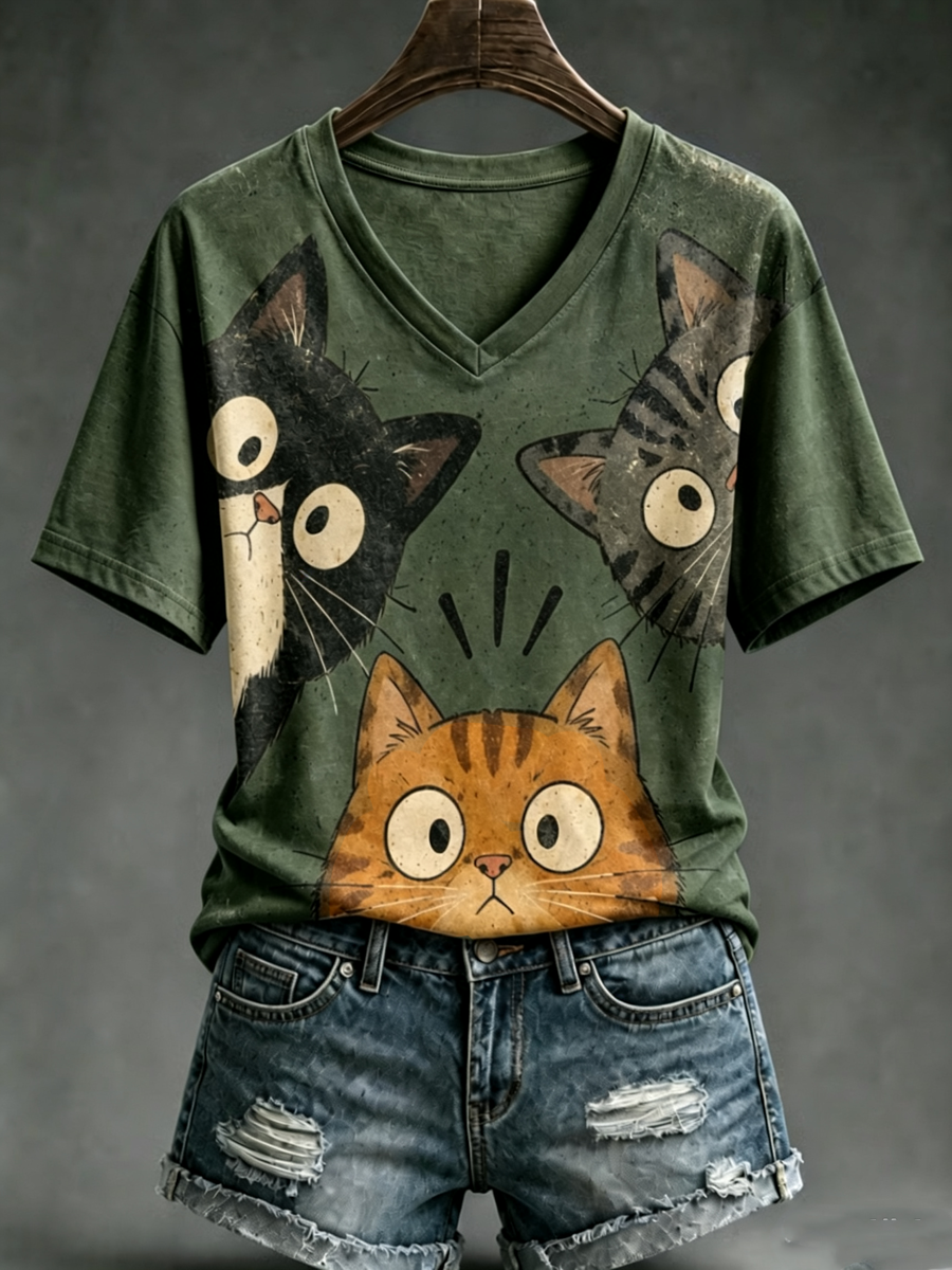 Dames T-shirt met schattige kattenprint en korte mouwen