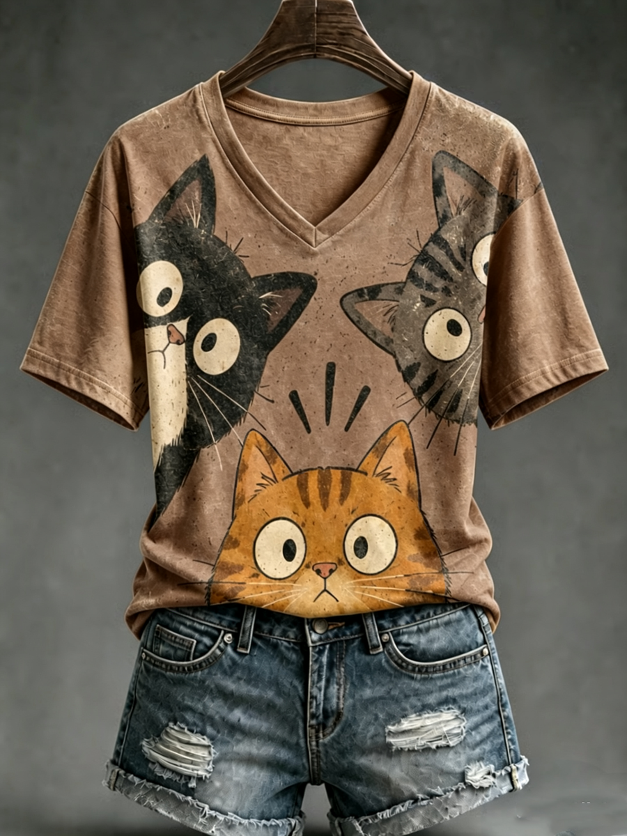 Dames T-shirt met schattige kattenprint en korte mouwen