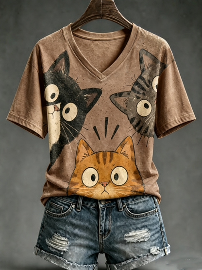 Dames T-shirt met schattige kattenprint en korte mouwen