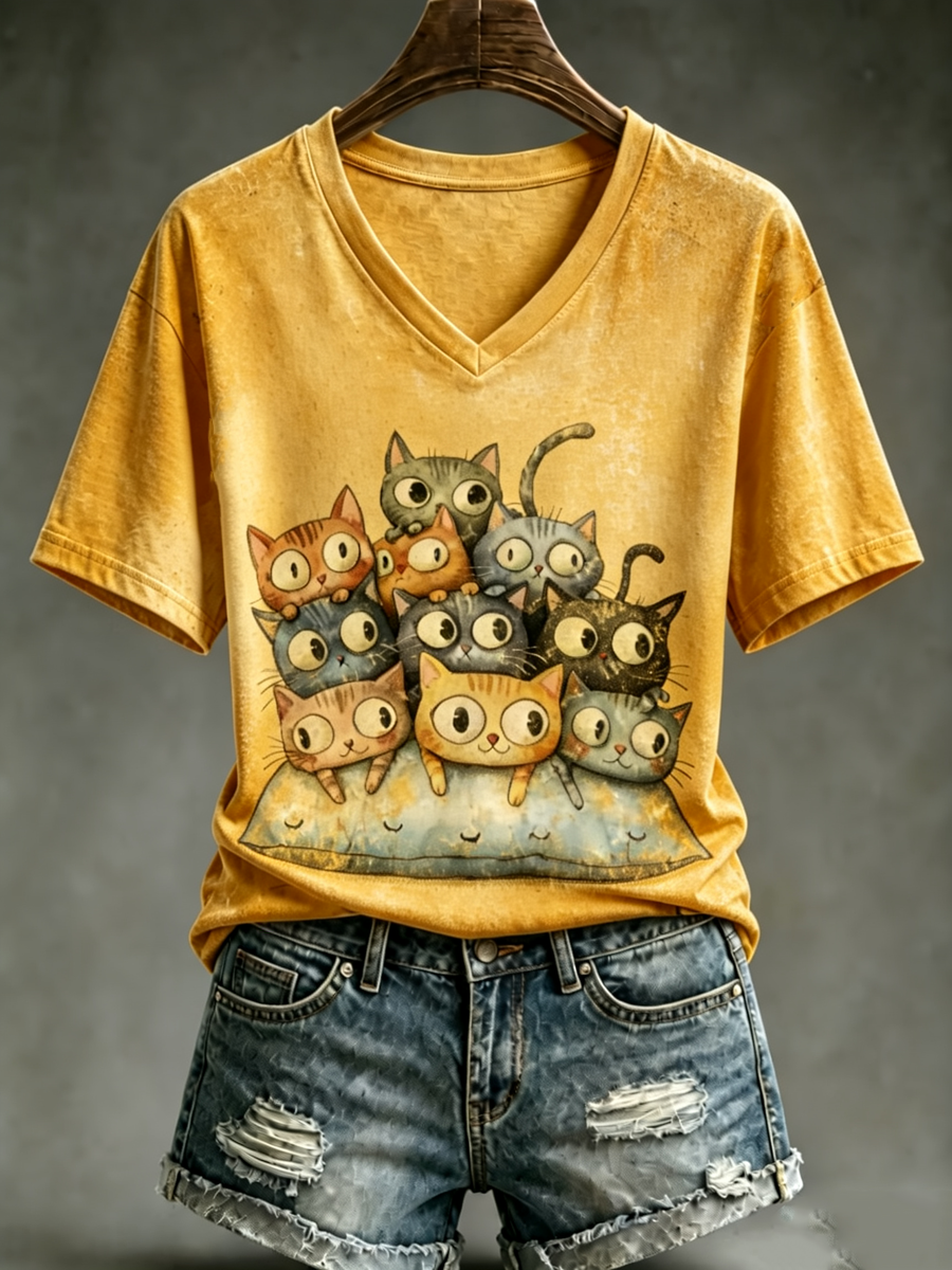 Dames T-shirt met schattige kattenprint en korte mouwen