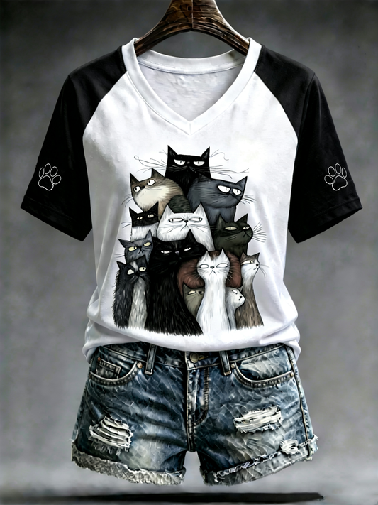 Schattige kattenprint V-hals off-shoulder T-shirt met korte mouwen voor dames