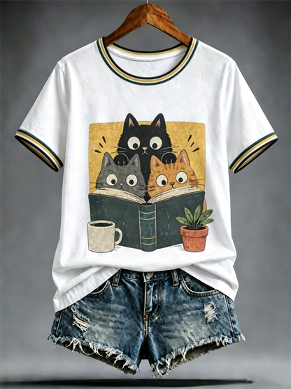 Dames T-shirt met schattige kattenprint en korte mouwen
