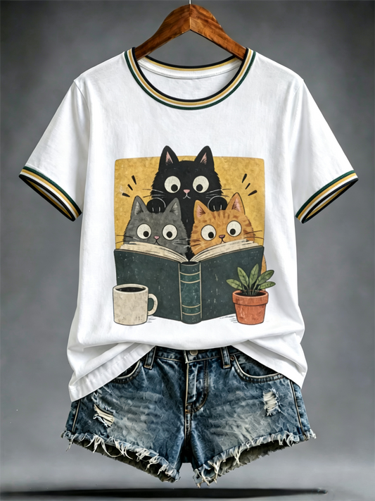Dames T-shirt met schattige kattenprint en korte mouwen