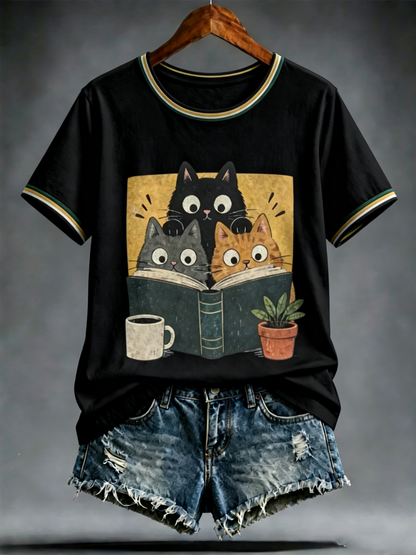 Dames T-shirt met schattige kattenprint en korte mouwen