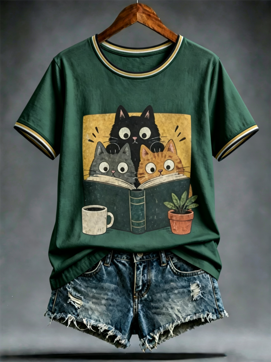 Dames T-shirt met schattige kattenprint en korte mouwen