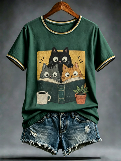 Dames T-shirt met schattige kattenprint en korte mouwen