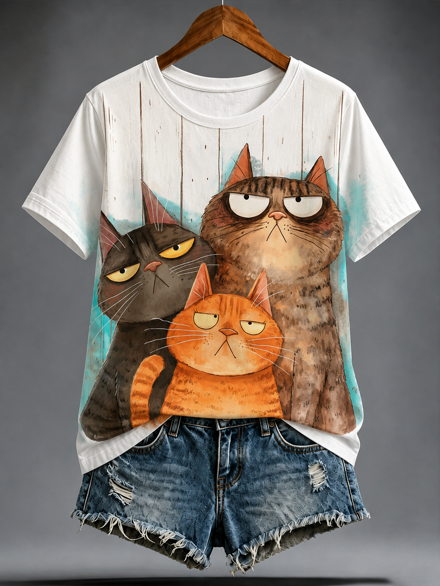 Dames T-shirt met schattige kattenprint en korte mouwen