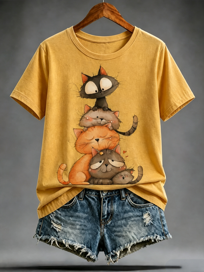 Dames T-shirt met schattige kattenprint en korte mouwen