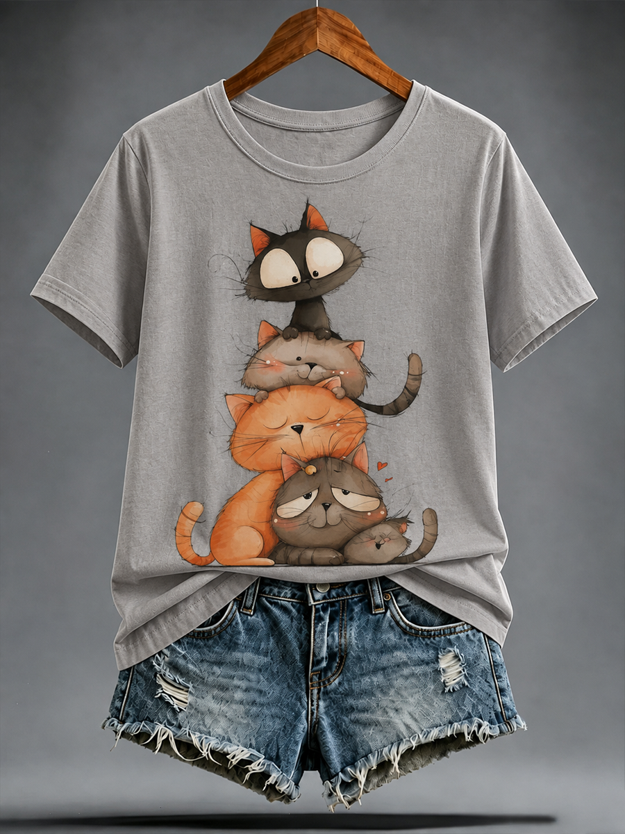 Dames T-shirt met schattige kattenprint en korte mouwen