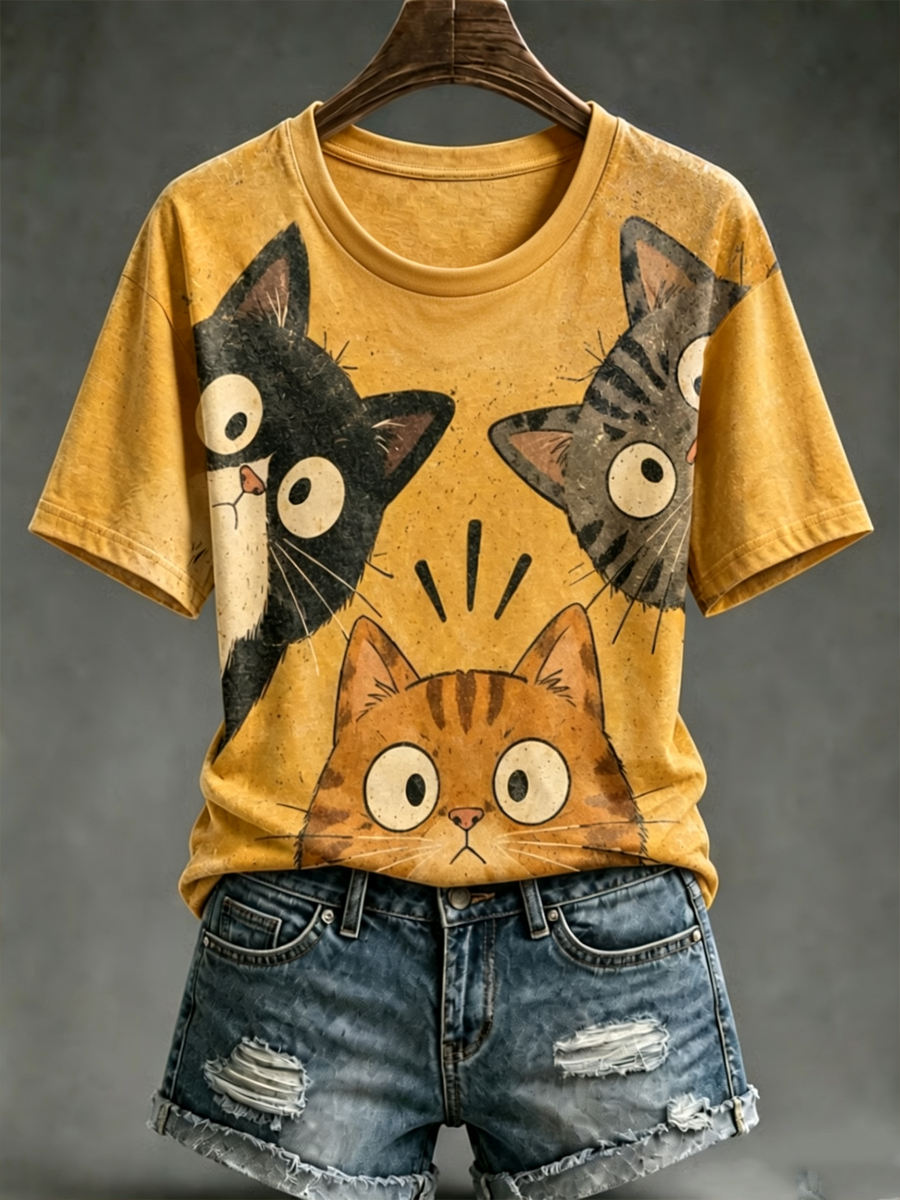 Dames T-shirt met schattige kattenprint en korte mouwen