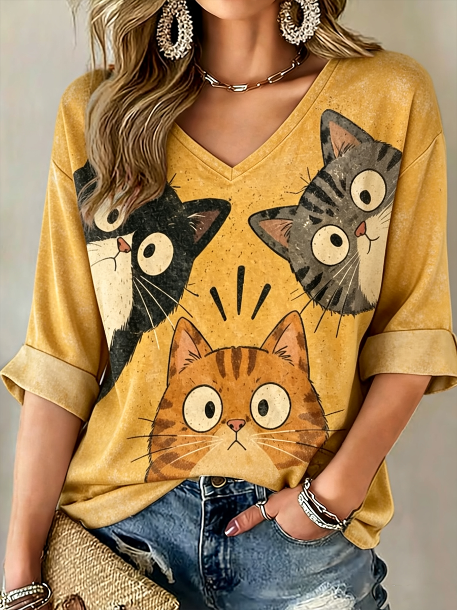 Schattige kattenprint halflange mouwen V-hals T-shirt voor dames