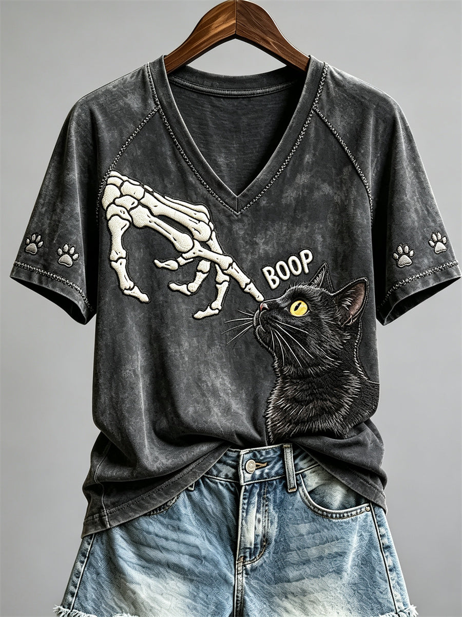 Dames Boop Halloween Skelet & Black Cat Print T-shirt met korte mouwen