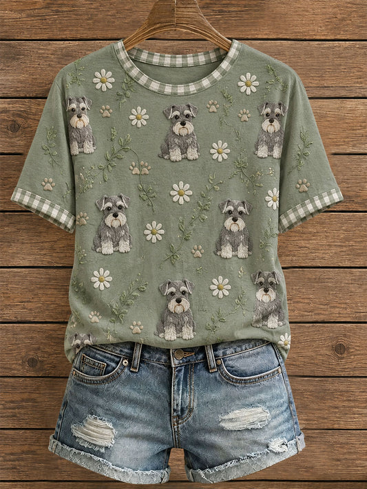Dames T-shirt met bloemen en schnauzer