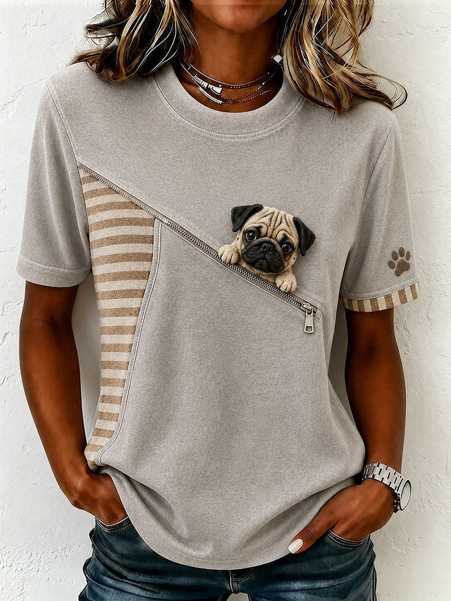 Dames T-shirt met schattig vilten mopshondkunstwerk