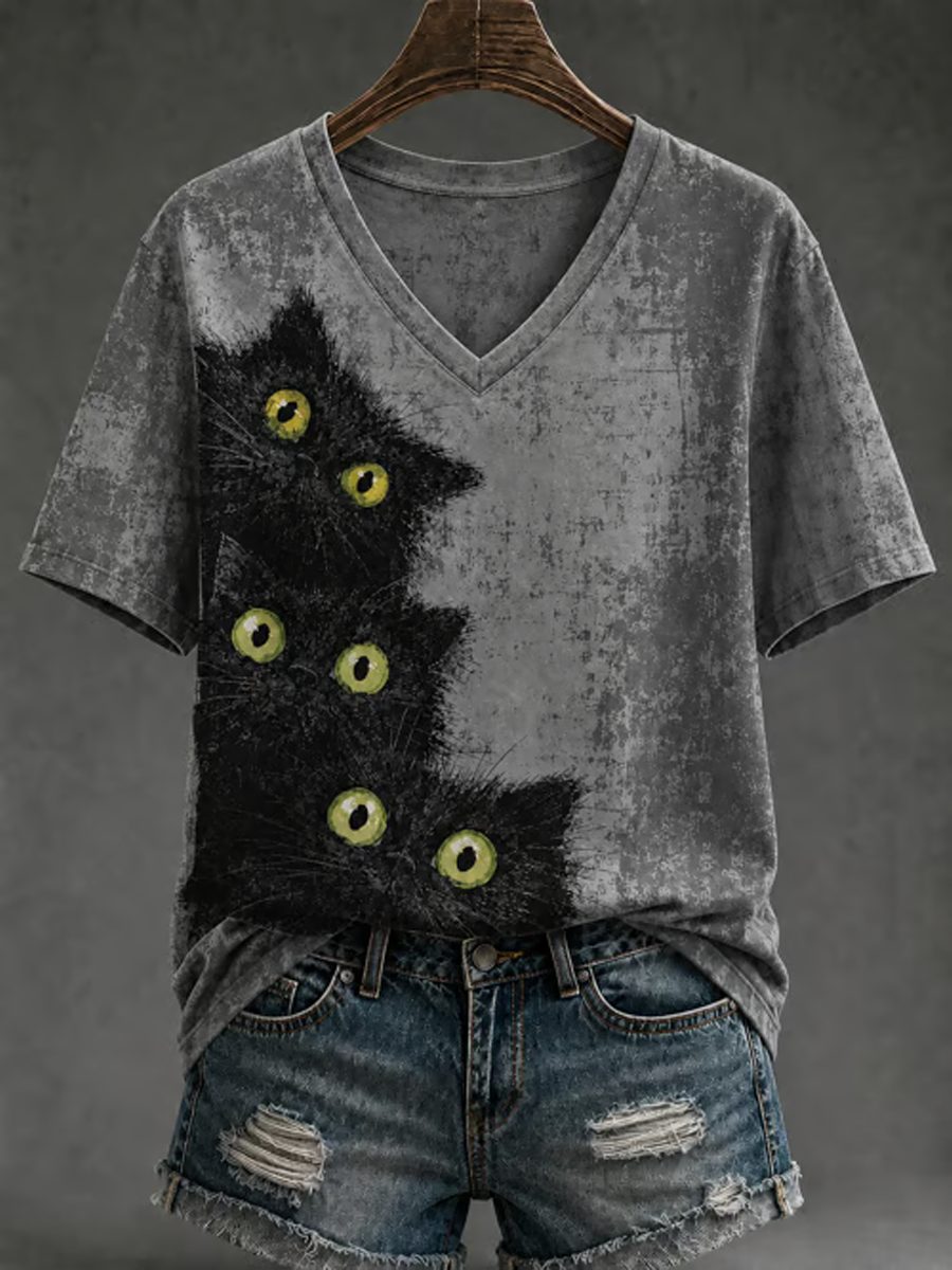 Dames T-shirt met schattige kattenprint en korte mouwen