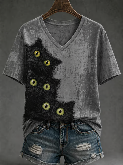 Dames T-shirt met schattige kattenprint en korte mouwen