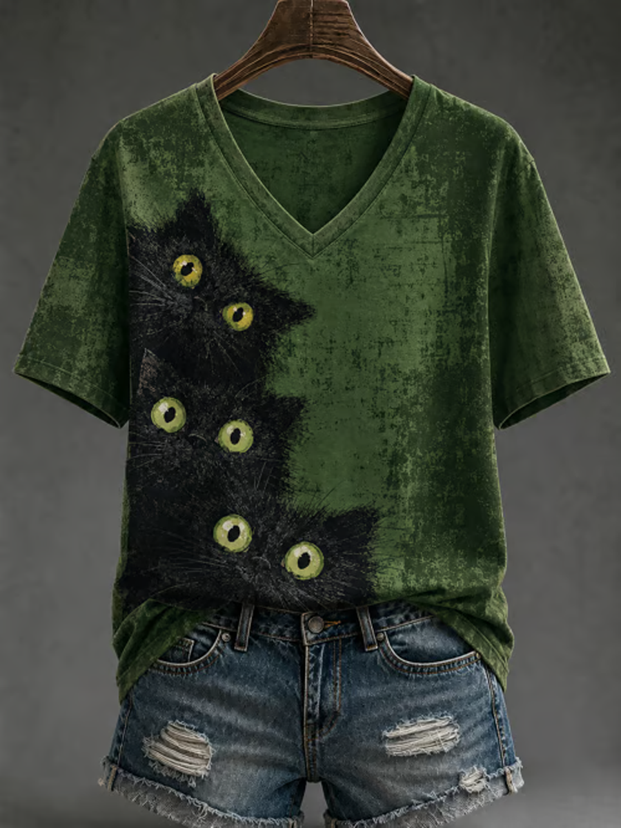 Dames T-shirt met schattige kattenprint en korte mouwen