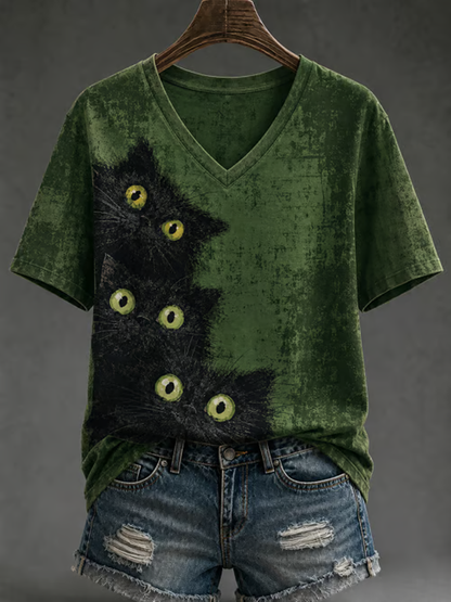 Dames T-shirt met schattige kattenprint en korte mouwen