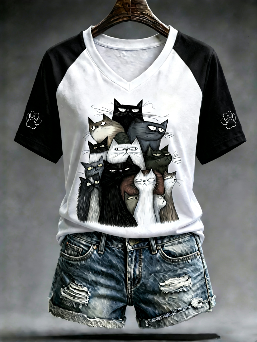 Dames T-shirt met schattige kattenprint, V-hals en off‑shoulder korte mouwen