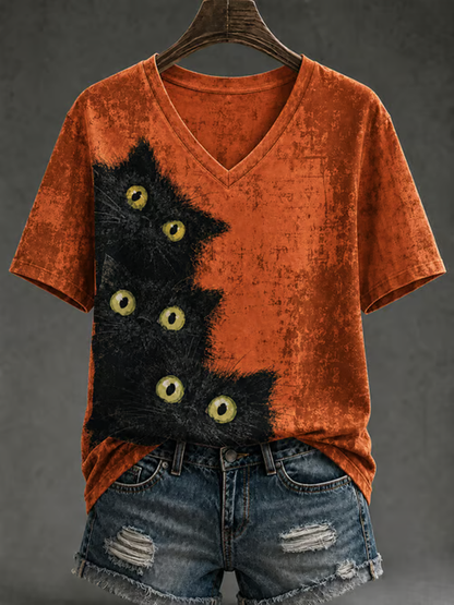 Dames T-shirt met schattige kattenprint en korte mouwen