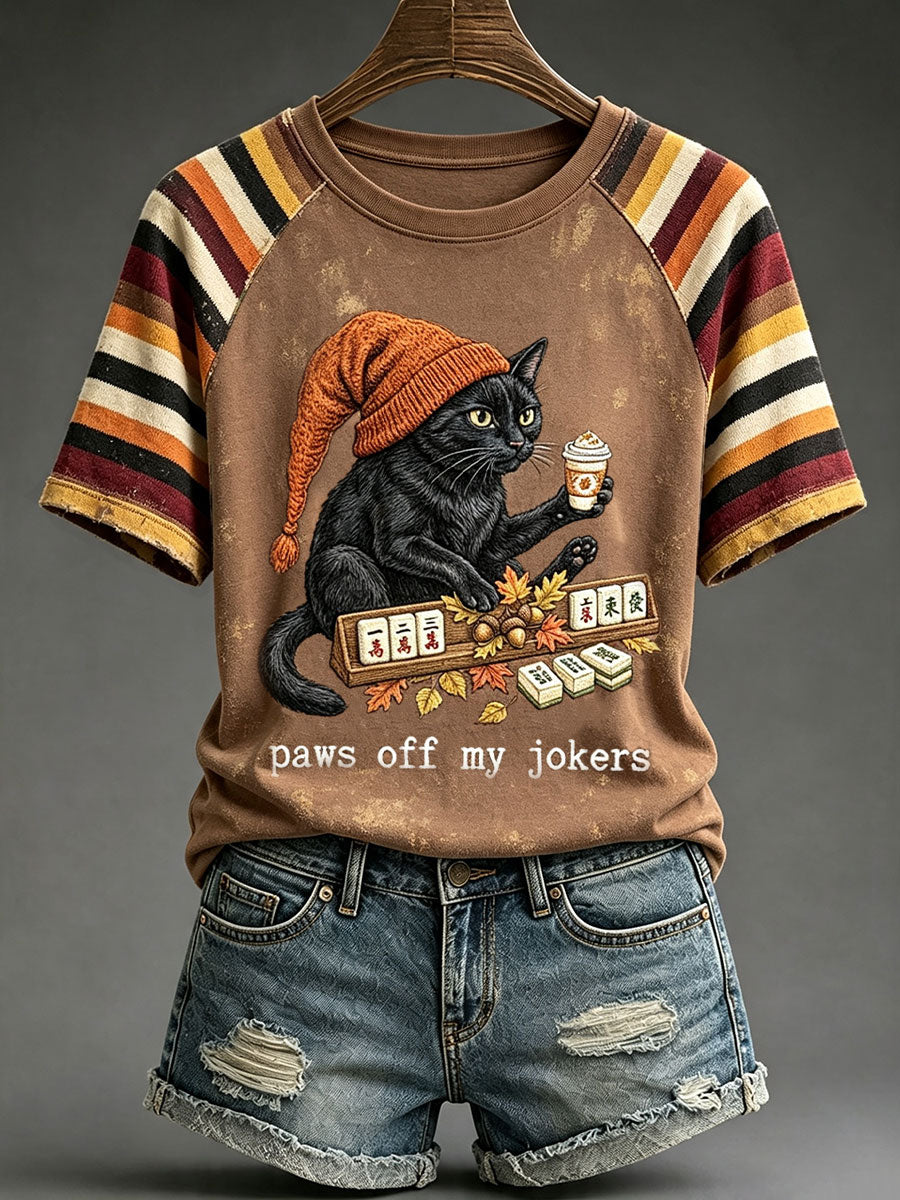 Vrouwen Vintage herfst zwarte kat Mahjong T-shirts