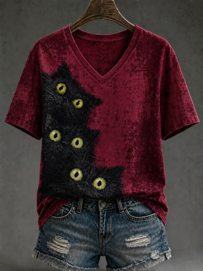 Dames T-shirt met schattige kattenprint en korte mouwen