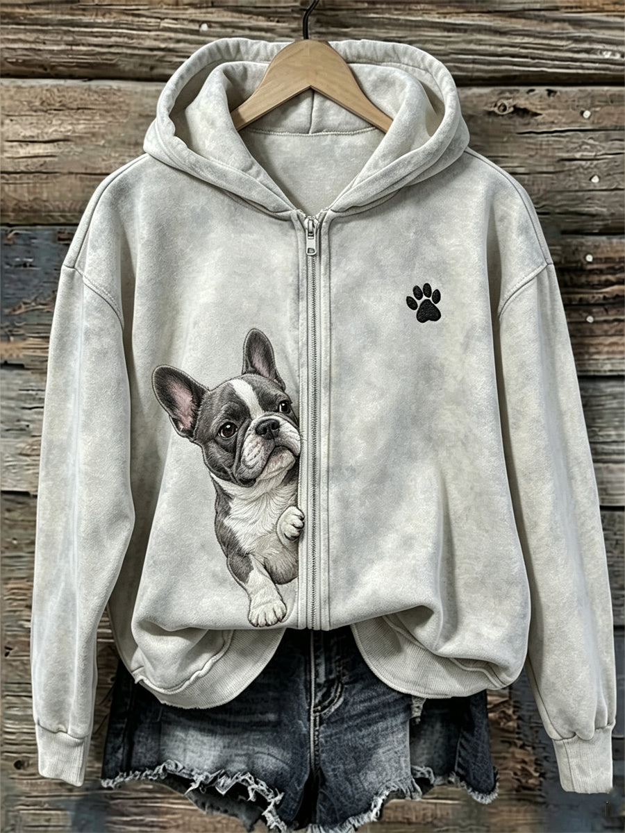 Dameshoody met rits, Franse bulldog en pootafdrukken