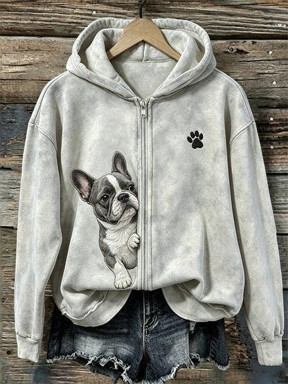 Dameshoody met rits, Franse bulldog en pootafdrukken