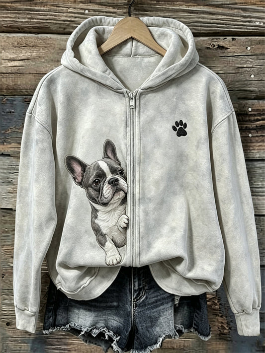 Dameshoody met rits, Franse bulldog en pootafdrukken