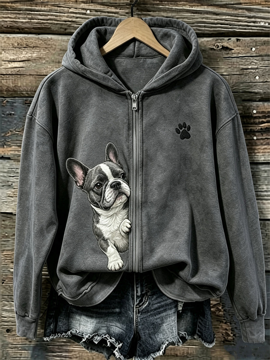Dameshoody met rits, Franse bulldog en pootafdrukken
