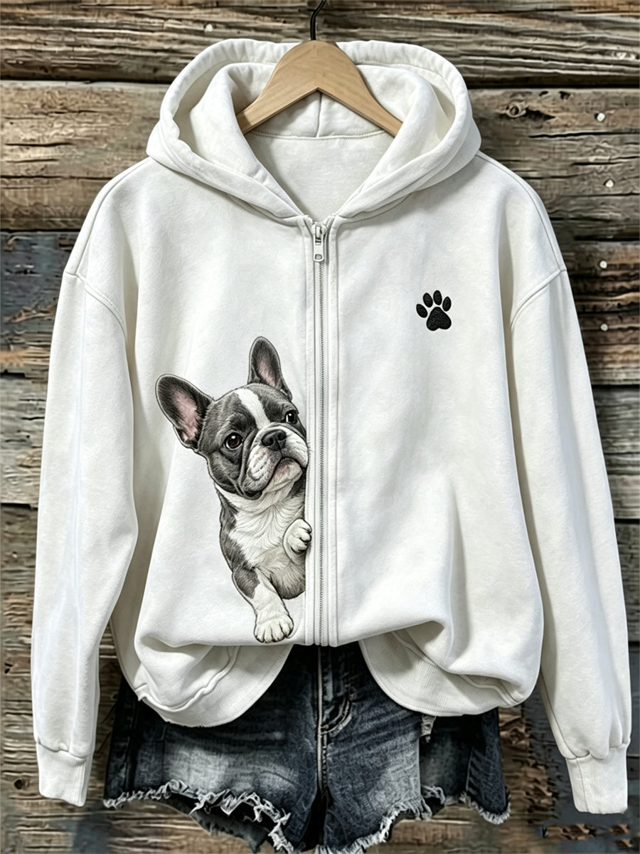 Dameshoody met rits, Franse bulldog en pootafdrukken