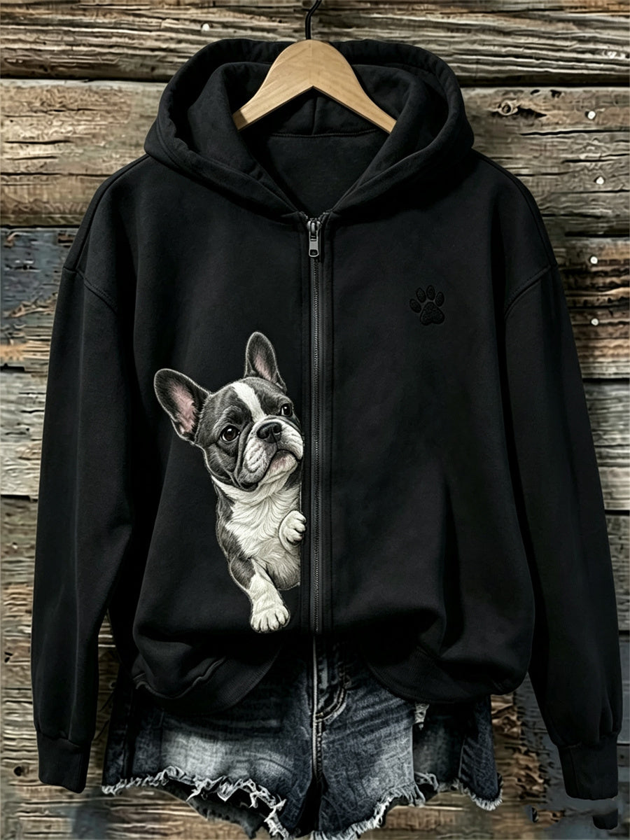 Dameshoody met rits, Franse bulldog en pootafdrukken