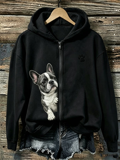 Dameshoody met rits, Franse bulldog en pootafdrukken