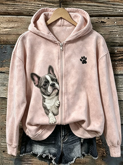 Dameshoody met rits, Franse bulldog en pootafdrukken