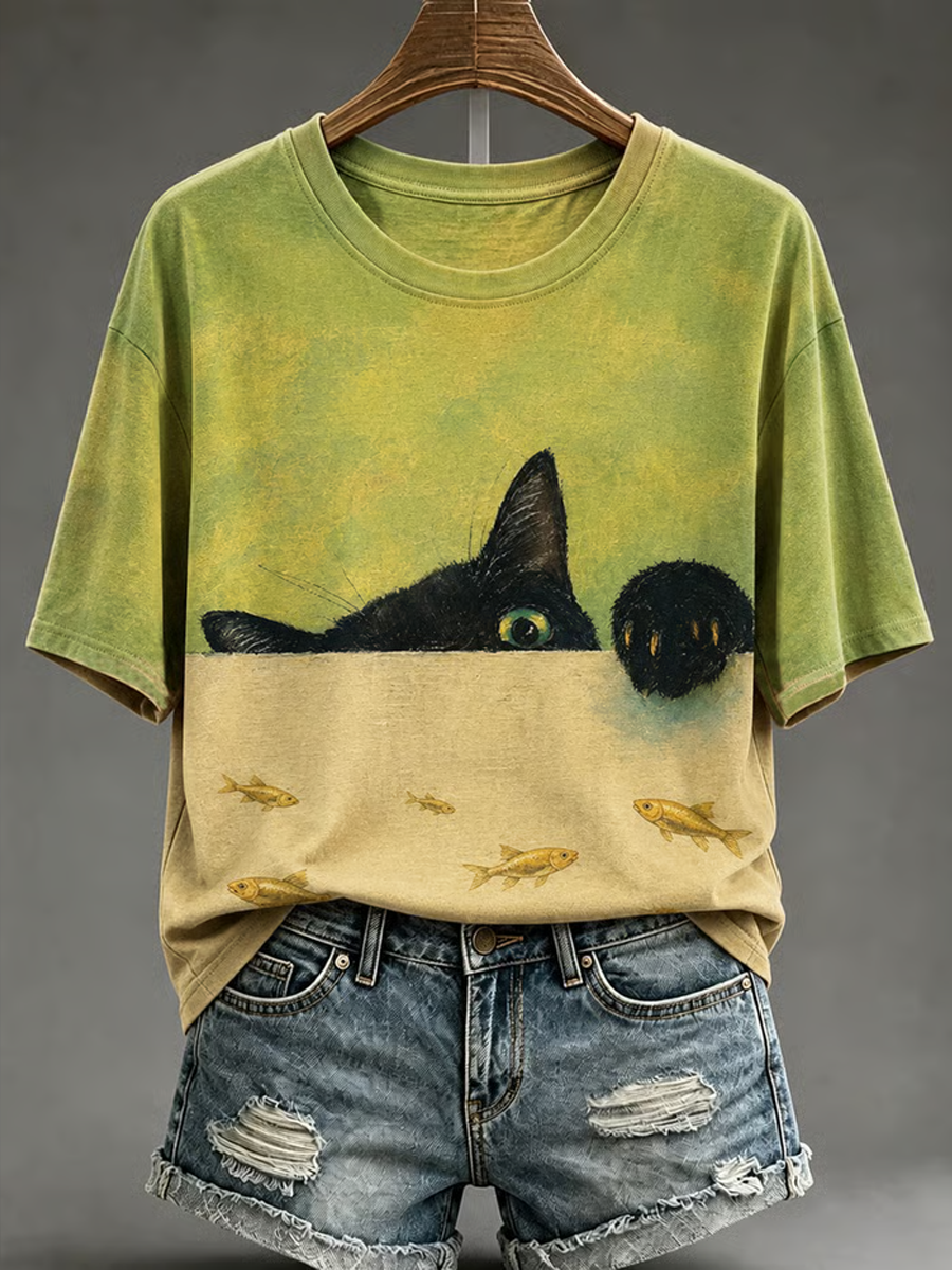 Dames T-shirt met schattige kattenprint en korte mouwen