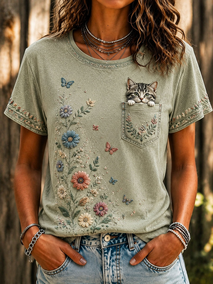 Dames-T-shirt met kattenliefhebbersthema, casual, met korte mouwen en print