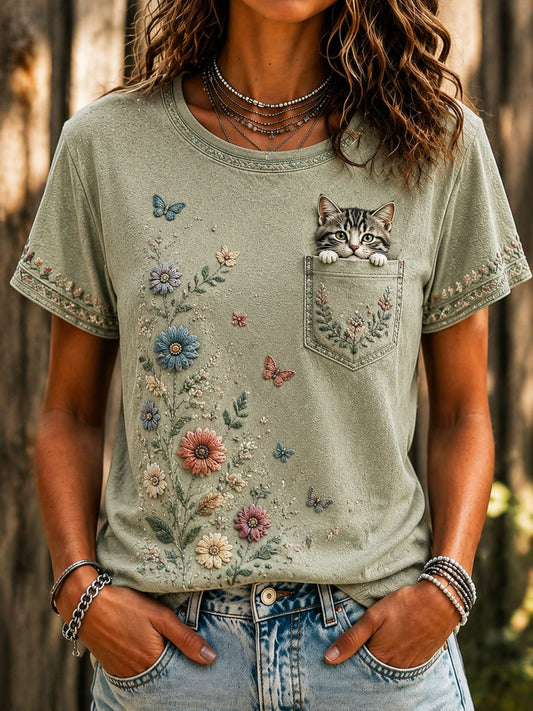 Dames-T-shirt met kattenliefhebbersthema, casual, met korte mouwen en print