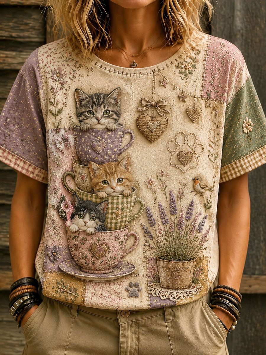 Dames-T-shirt met liefdeskattenprint voor dagelijks gebruik