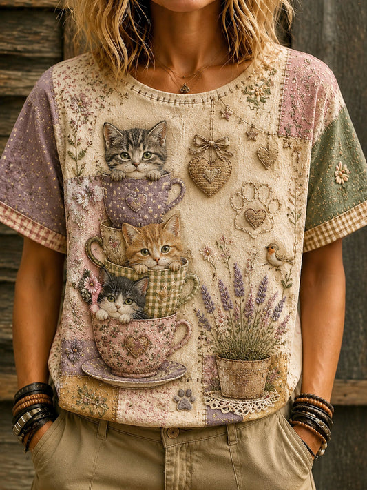 Dames-T-shirt met liefdeskattenprint voor dagelijks gebruik