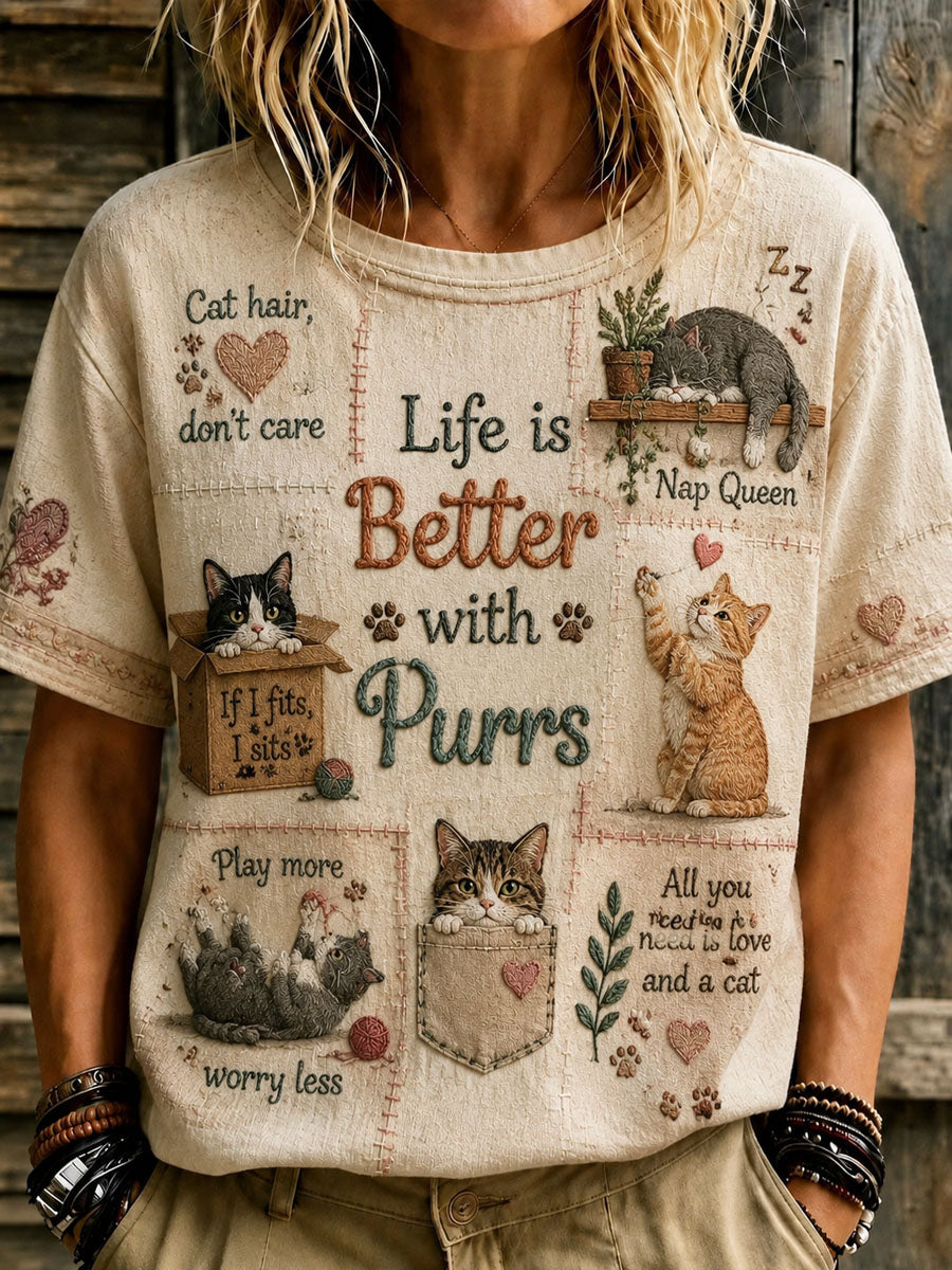 Dames-T-shirt met kattenliefhebbersthema, casual, met korte mouwen en print