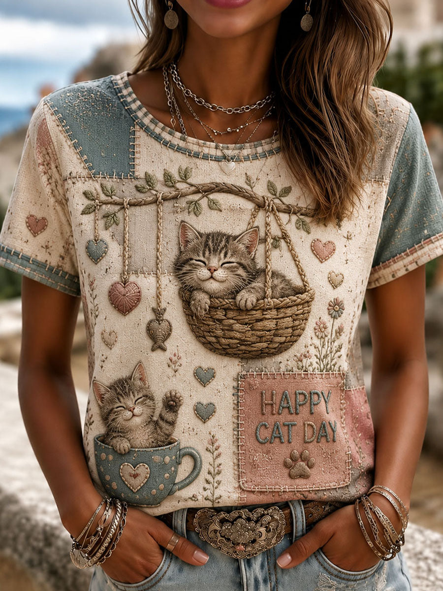 Dames-T-shirt met liefdeskattenprint voor dagelijks gebruik