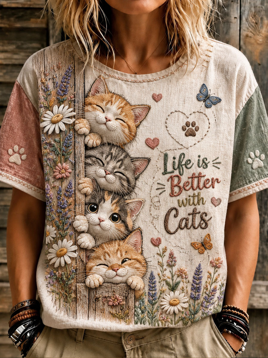 Dames-T-shirt met kattenliefhebbersthema, casual, met korte mouwen en print
