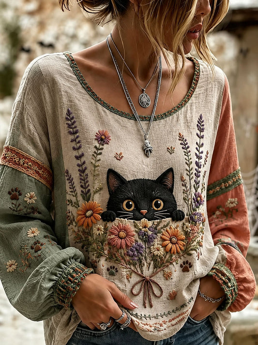 Dameshemd met kattenmotief en bloemenprint, casual langemouwen shirt