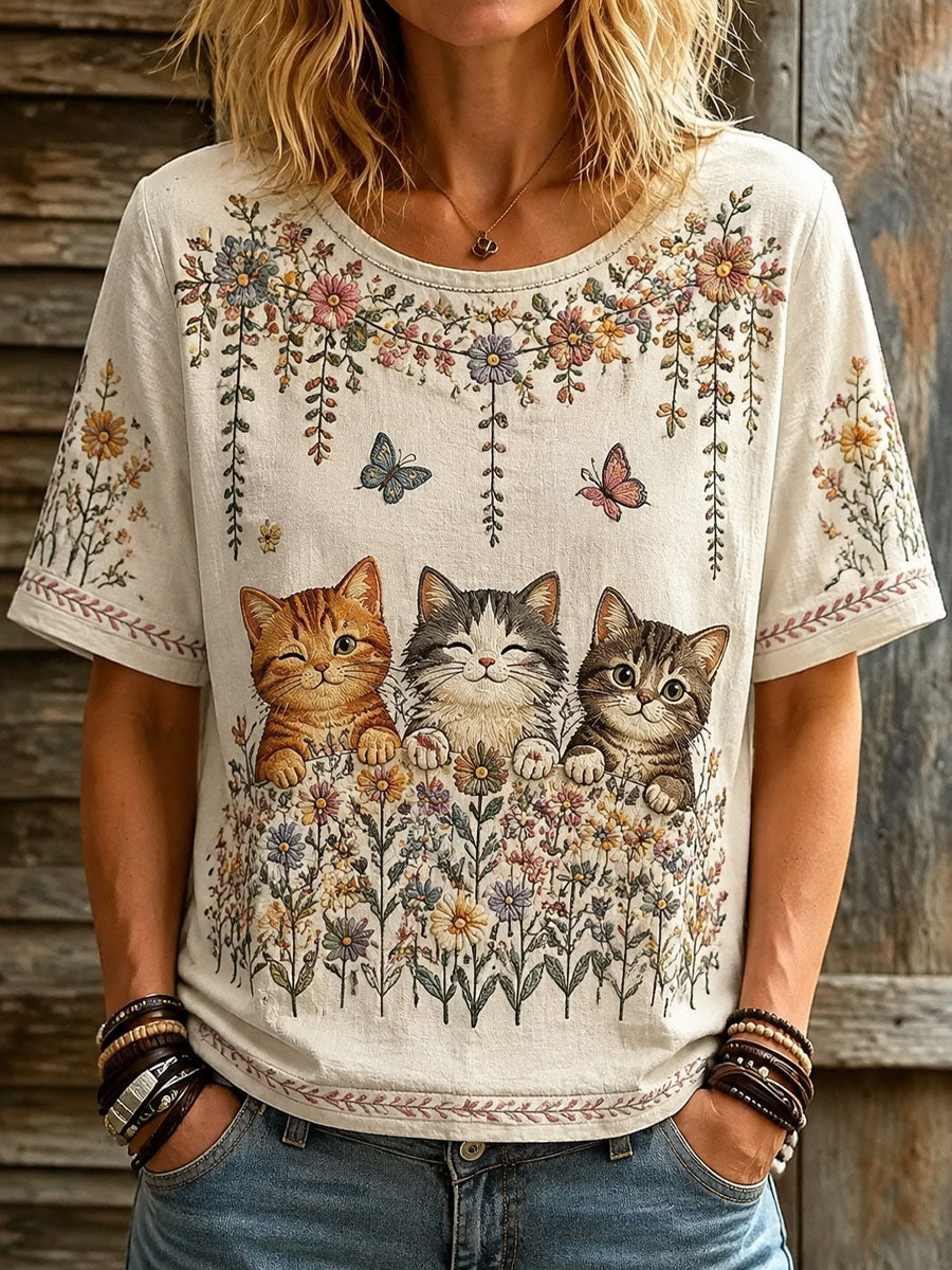 Dames-T-shirt met kattenmotief en bloemenprint voor vrijetijdsgebruik